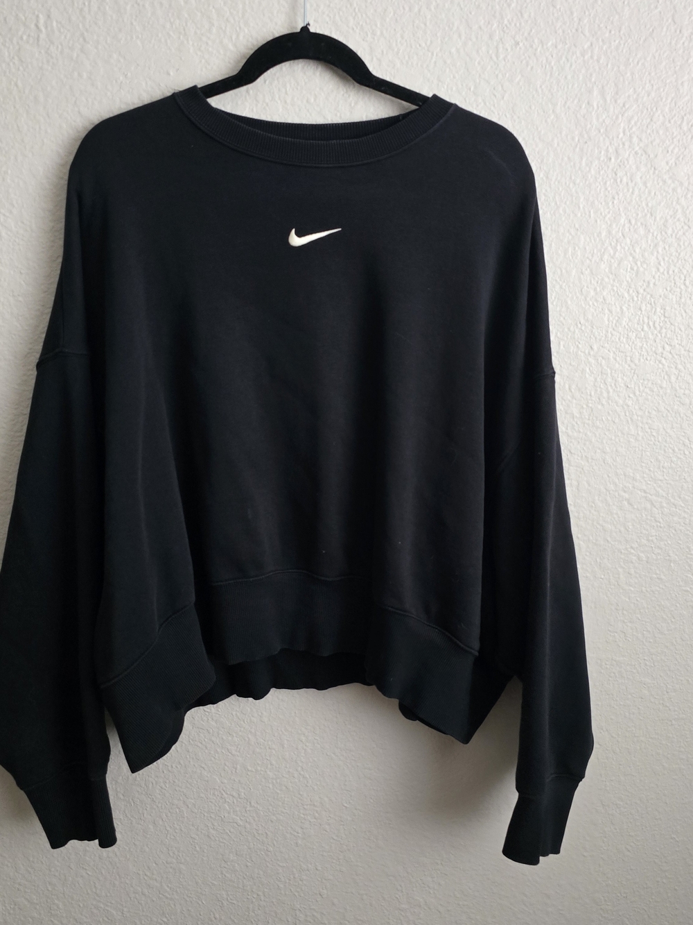 Nike Women's Black Cropped Crewneck Sweatshirt with White Swoosh